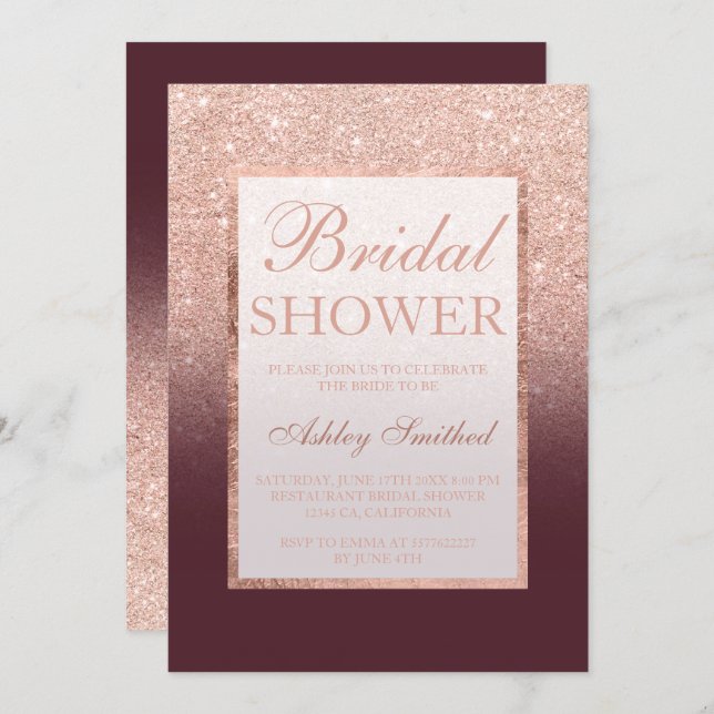 Faux rose gold glitter burgundy chic Bridal shower Invitation (Front/Back)