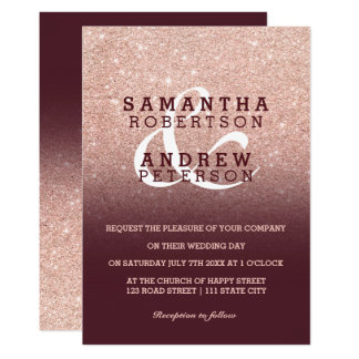 Faux Rose gold glitter burgundy ombre wedding Card