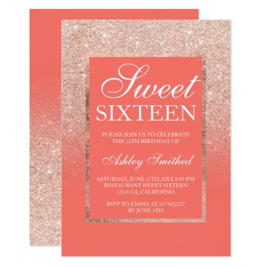 Faux Rose Gold Glitter Coral Elegant Chic Sweet 16 Invitation