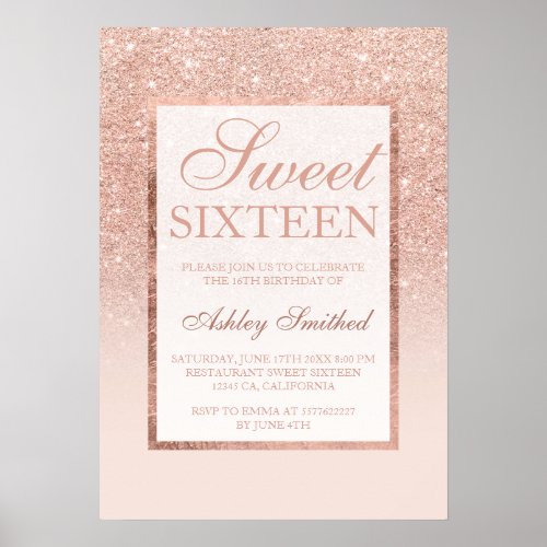 Faux rose gold glitter elegant chic Sweet 16 Poster