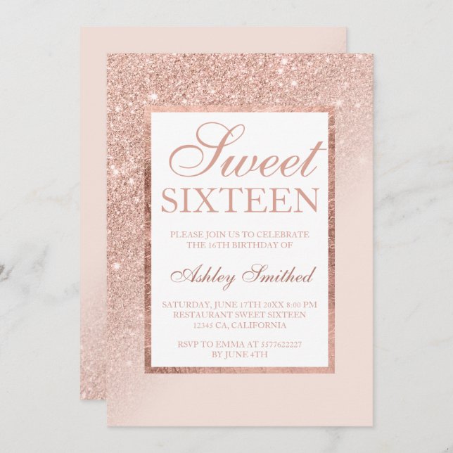 Faux rose gold glitter elegant chic Sweet 16 side Invitation (Front/Back)