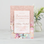 Faux rose gold glitter elegant floral Quinceañera Invitation (Standing Front)