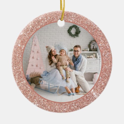 Faux Rose Gold Glitter Family Photo Christmas Ceramic Ornament