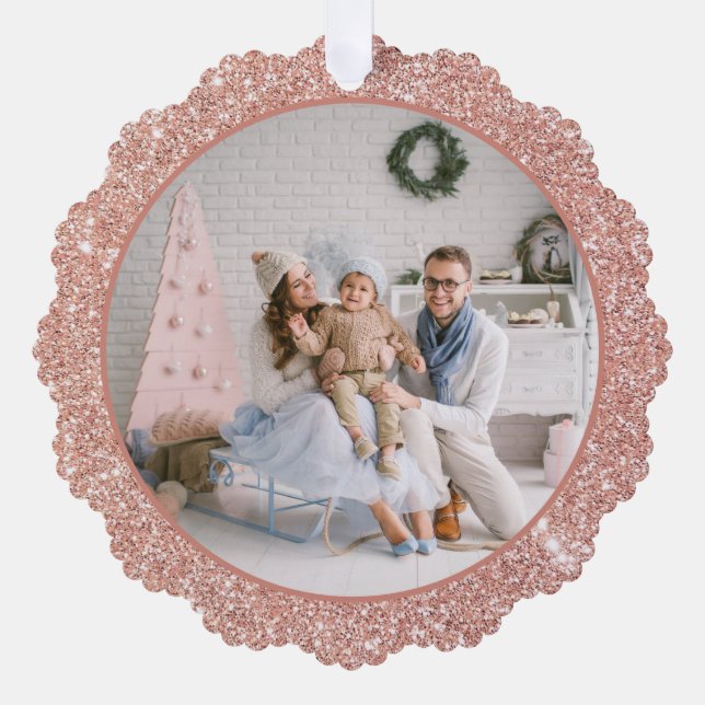 Faux Rose Gold Glitter Family Photo Christmas Ornament Card (Front)
