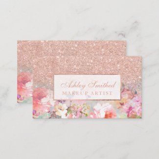 Faux rose gold glitter floral watercolor makeup business card