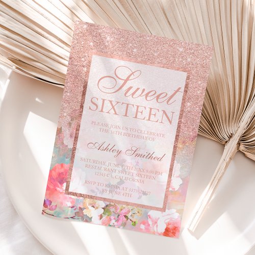 Faux rose gold glitter floral watercolor Sweet 16 Invitation