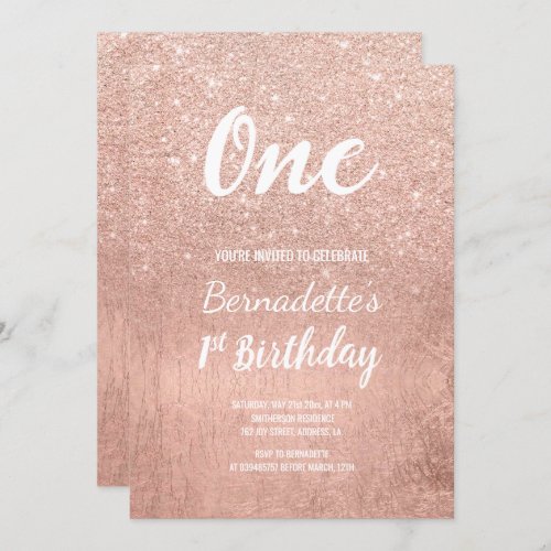 Faux rose gold glitter foil first Birthday Invitation