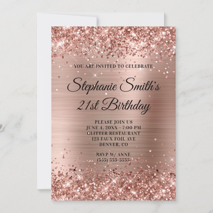 Faux Rose Gold Glitter Foil Monogram 21st Birthday Invitation | Zazzle