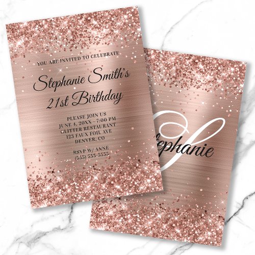 Faux Rose Gold Glitter Foil Monogram 21st Birthday Invitation