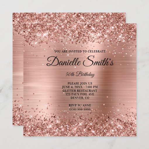 Faux Rose Gold Glitter Foil Monogram 50th Birthday Invitation | Zazzle