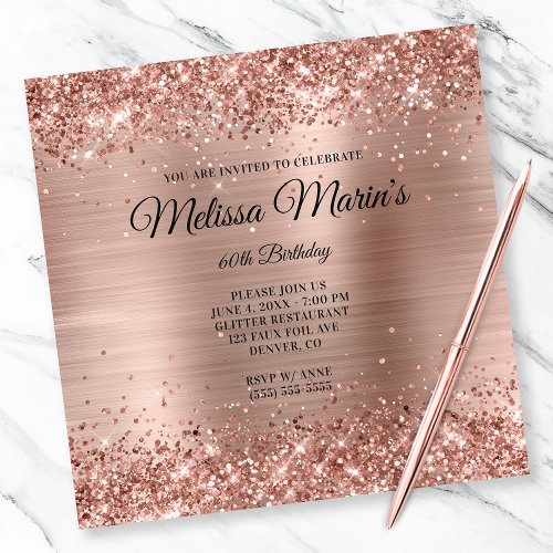 Faux Rose Gold Glitter Foil Monogram 60th Birthday Invitation