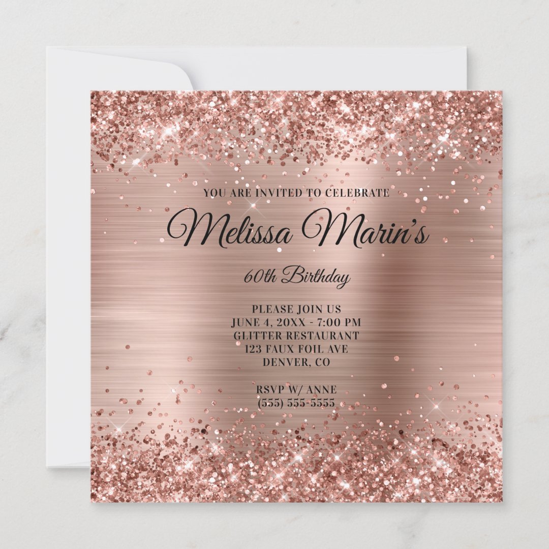 Faux Rose Gold Glitter Foil Monogram 60th Birthday Invitation | Zazzle