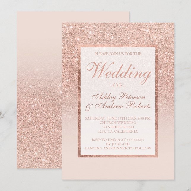 Faux rose gold glitter frame elegant chic wedding invitation (Front/Back)