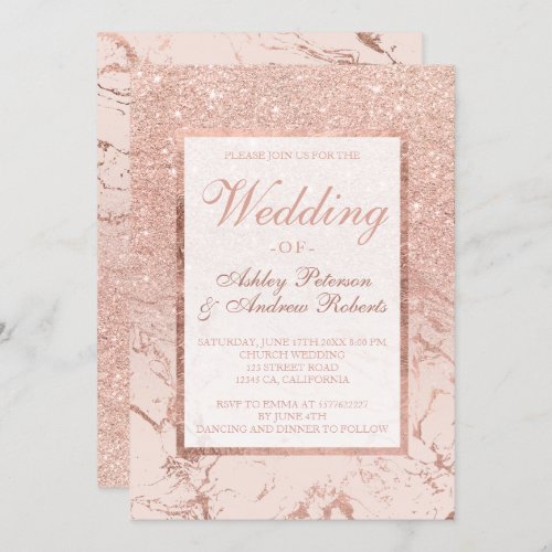 Faux rose gold glitter frame marble chic wedding invitation