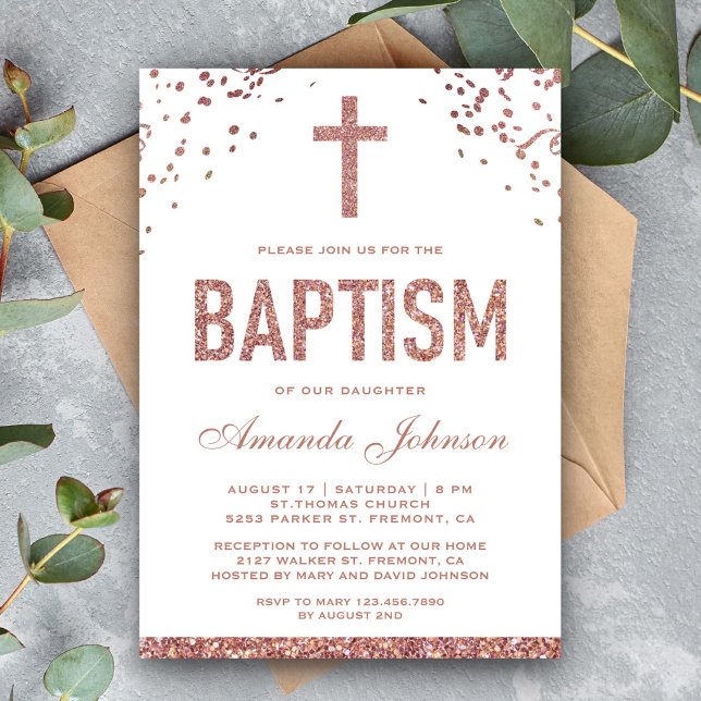 Faux Rose Gold Glitter Girls Baptism Invitation (Creator Uploaded)