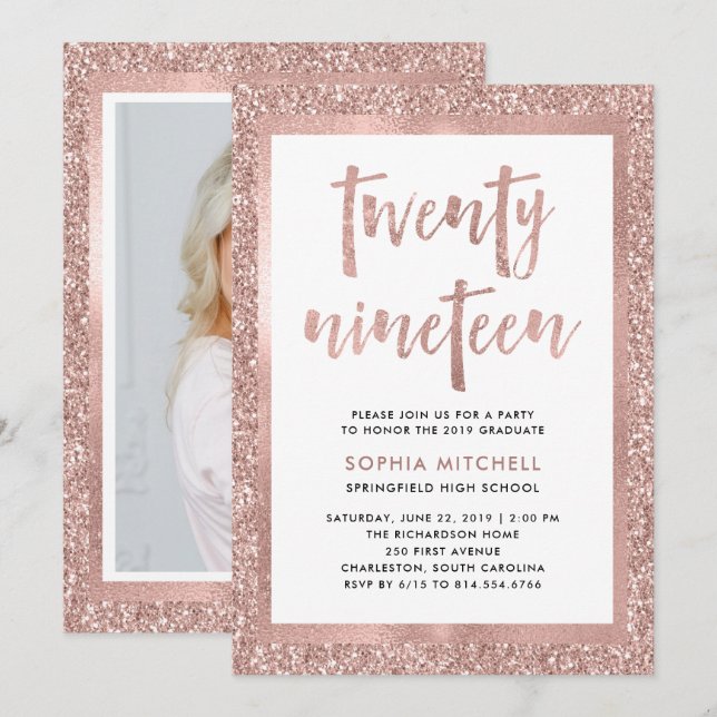 Faux Rose Gold Glitter | Graduation Party Photo Invitation (Front/Back)
