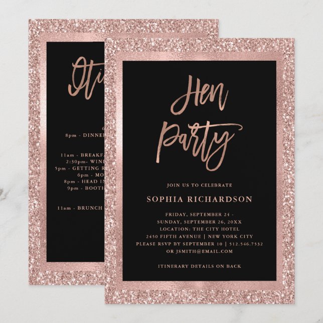 Faux Rose Gold Glitter | Hen Party with Itinerary Invitation (Front/Back)