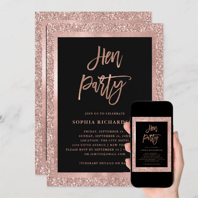 Faux Rose Gold Glitter | Hen Party with Itinerary Invitation | Zazzle