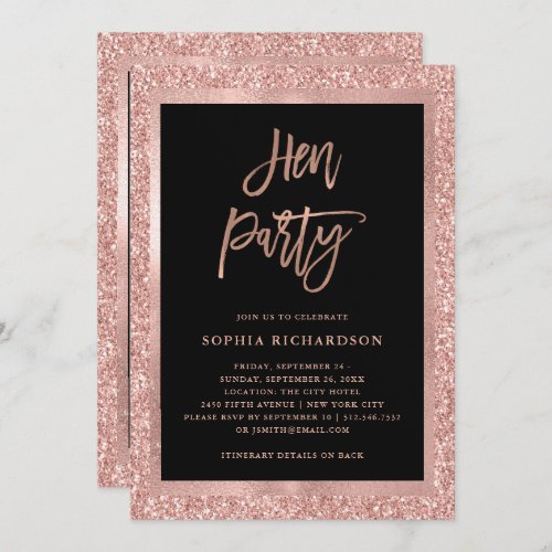 Faux Rose Gold Glitter  Hen Party with Itinerary Invitation