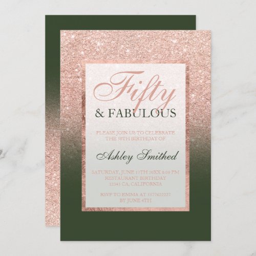 Faux rose gold glitter hunter green 50 fabulous invitation