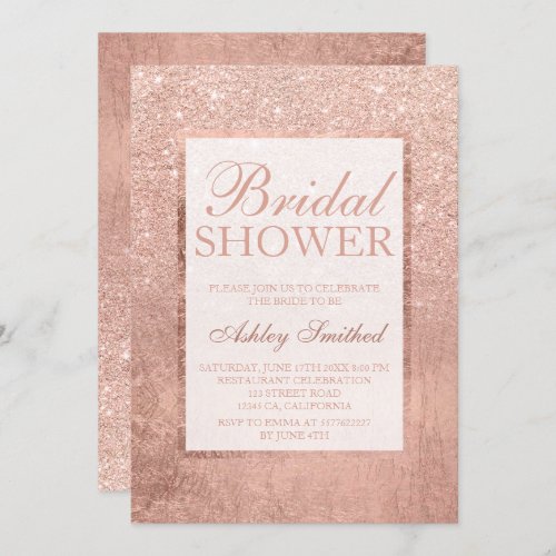 Faux rose gold glitter leaf elegant bridal shower invitation