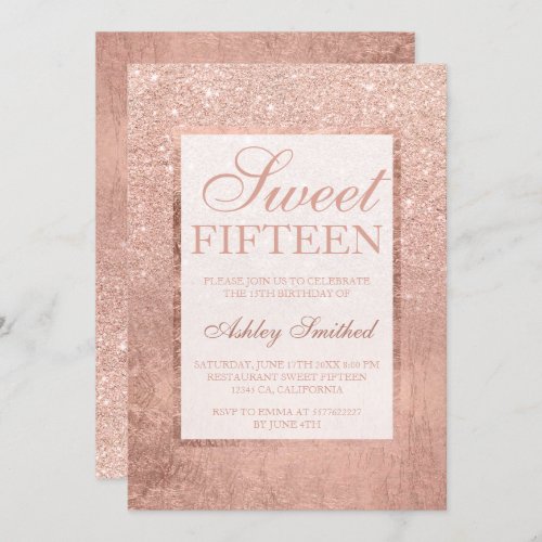 Faux rose gold glitter leaf elegant chic Sweet 15 Invitation
