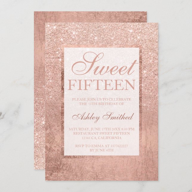 Faux rose gold glitter leaf elegant chic Sweet 15 Invitation (Front/Back)