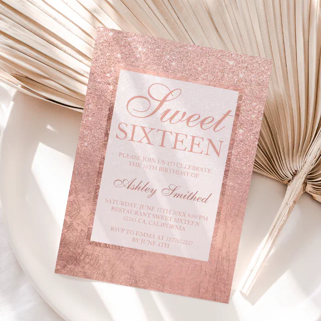 Faux Rose Gold Glitter Leaf Elegant Chic Sweet 16 Invitation Zazzle