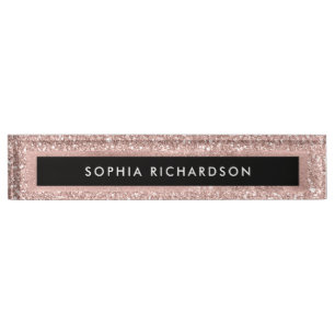 Faux Rose Gold Glitter Look and Black Desk Name Plate
