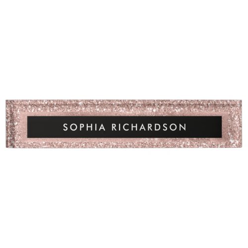 Faux Rose Gold Glitter Look and Black Desk Name Plate