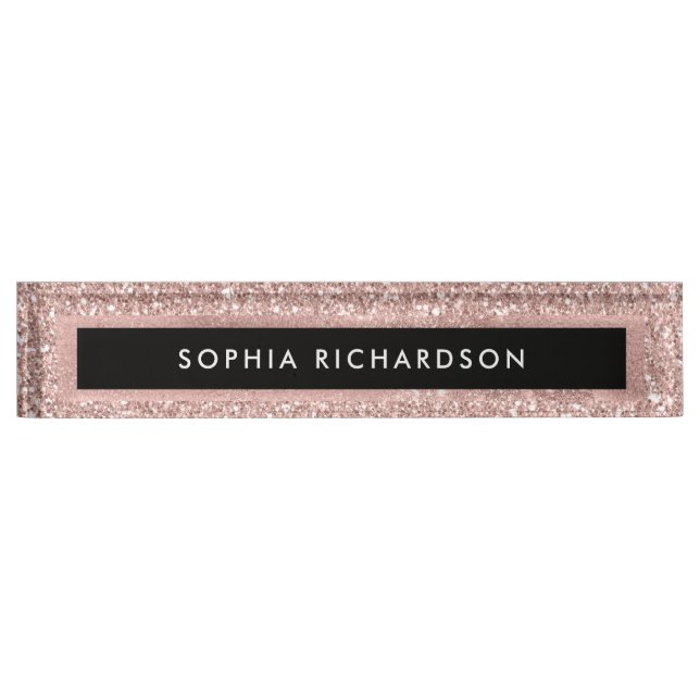 Faux Rose Gold Glitter Look and Black Desk Name Plate (Front)