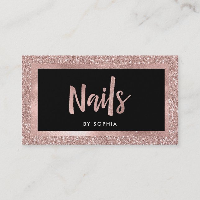 Faux Rose Gold Glitter Look and Black | Nails Business Card (Front)
