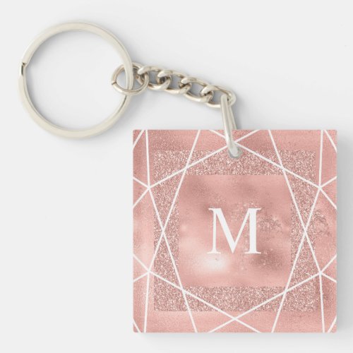 Faux Rose Gold Glitter Look  Geometric Monogram Keychain