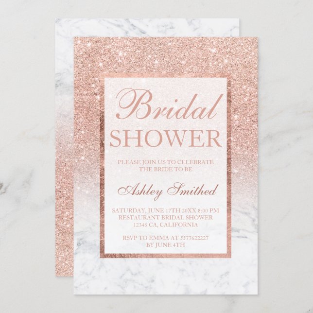 Faux rose gold glitter marble chic Bridal shower Invitation (Front/Back)