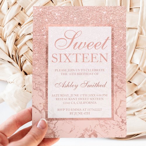 Faux rose gold glitter marble chic Sweet 16 Invitation