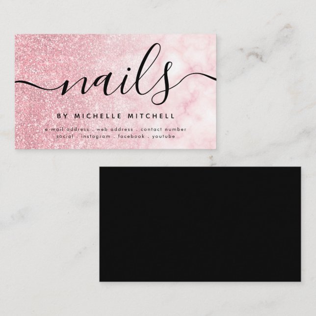 Faux Rose Gold Glitter Marble Nails Blush Black Business Card (Front/Back)