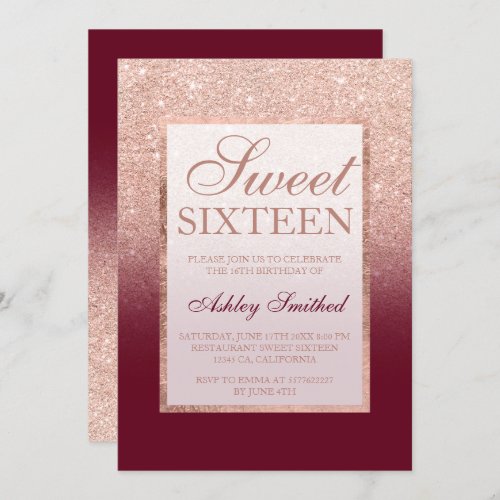 Faux rose gold glitter marsala red chic Sweet 16 Invitation