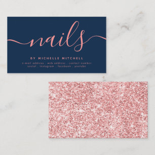 Faux Rose Gold Glitter Nail Technician Navy  Business Card