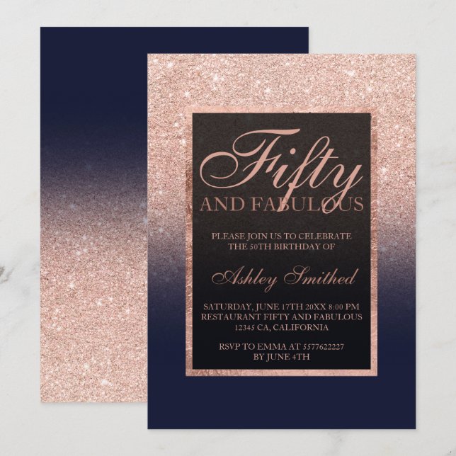 Faux rose gold glitter navy blue fifty fabulous invitation (Front/Back)