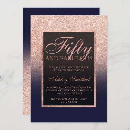 Faux rose gold glitter navy blue fifty fabulous invitation