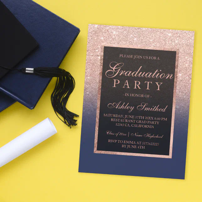 Faux rose gold glitter navy blue Graduation party Invitation | Zazzle