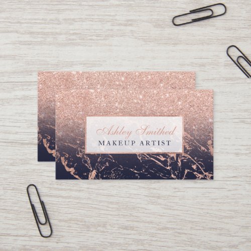 Faux rose gold glitter navy blue marble makeup business card