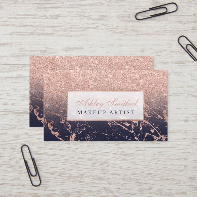 Faux rose gold glitter navy blue marble makeup business card (Front/Back In Situ)