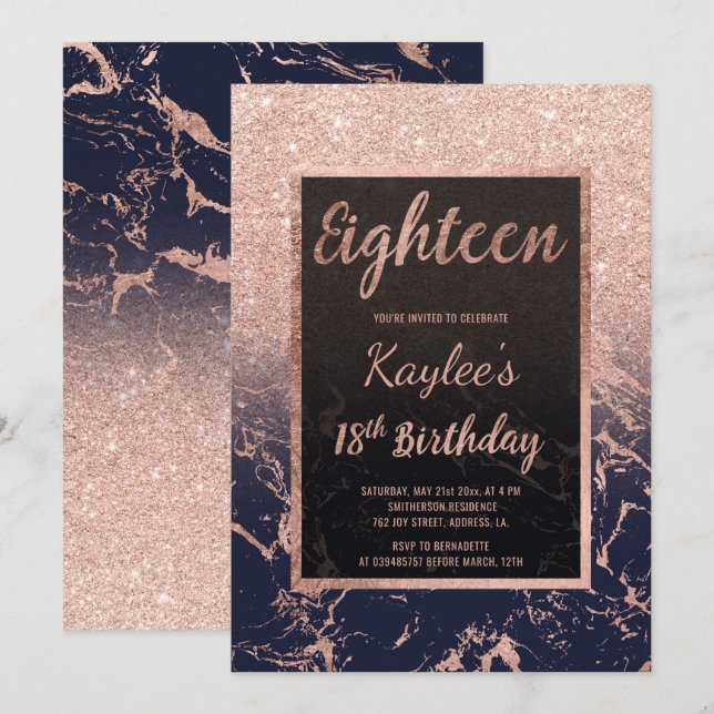 Faux rose gold glitter navy marble 18th Birthday Invitation (Front/Back)