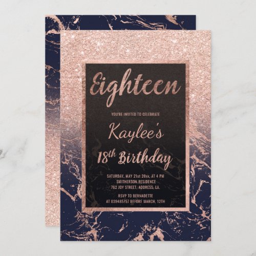 Faux rose gold glitter navy marble 18th Birthday
