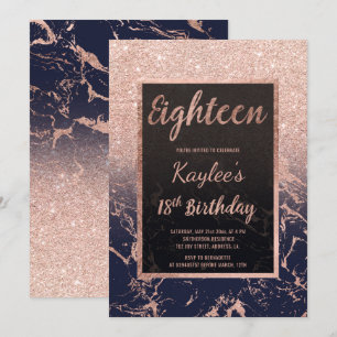 Faux rose gold glitter navy marble 18th Birthday Invitation