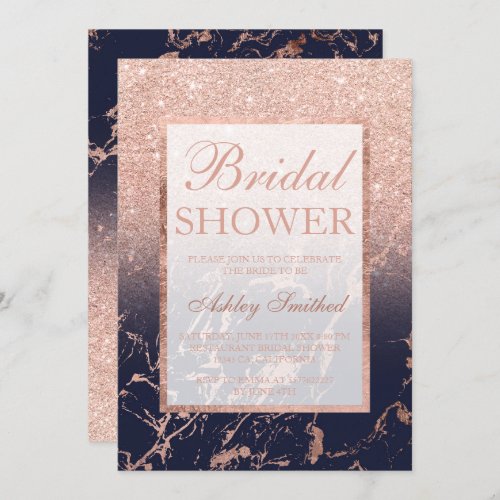 Faux rose gold glitter navy marble Bridal shower Invitation