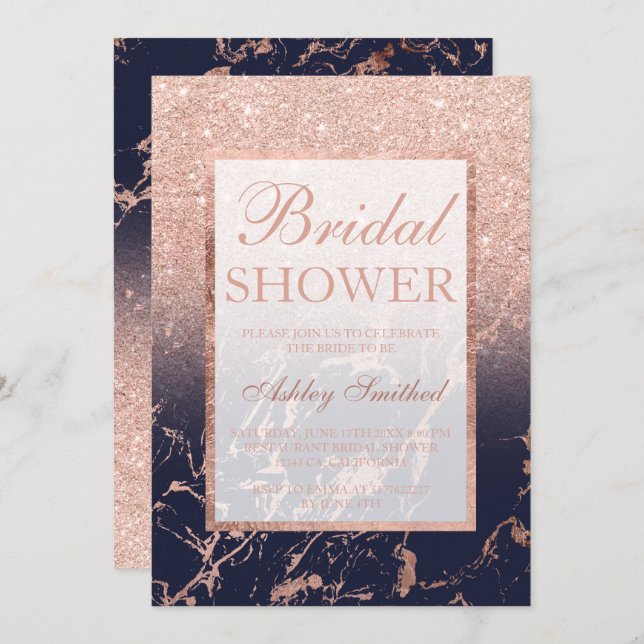 Faux rose gold glitter navy marble Bridal shower Invitation (Front/Back)
