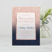 Faux rose gold glitter navy watercolor Quinceañera Invitation (Standing Front)
