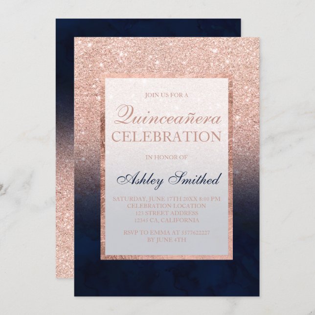 Faux rose gold glitter navy watercolor Quinceañera Invitation (Front/Back)